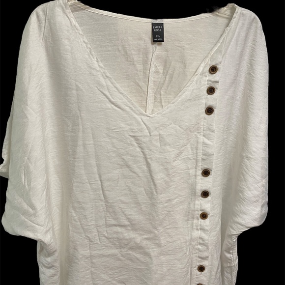 NWOT EMERY ROSE V-Neck Button Summer Blouse White 2X Layered Wrap Asymmetrical - Picture 6 of 9